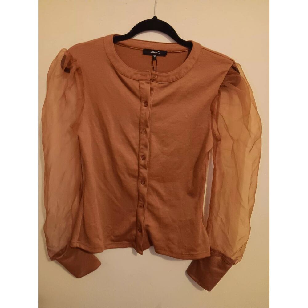 Kate C Sweater, Women's Small, Bronze, Net Sleeves, Button Up Shabby Chic NWT